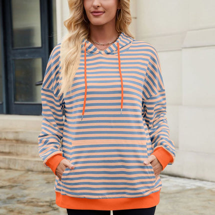 Drawstring Contrast Striped Long Sleeve Hoodie