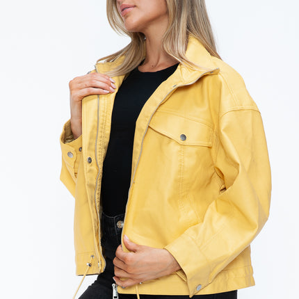 How Dare U Drawstring Hem PU Leather Zip Up Jacket