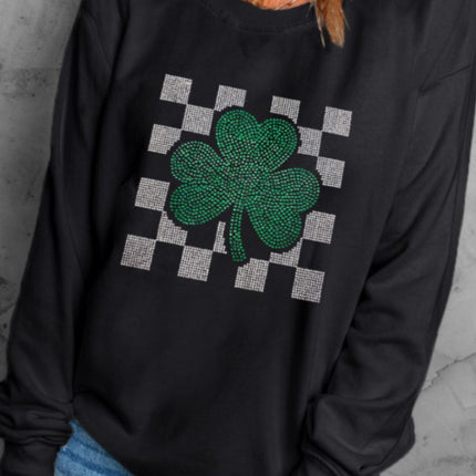 Rhinestone Checkered Lucky Clover Round Neck Sweatshirt