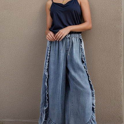 Drawstring Ruffled Wide Leg Jeans