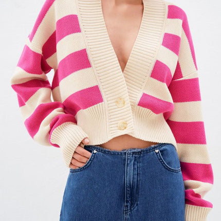 Striped Button Down Drop Shoulder Cardigan