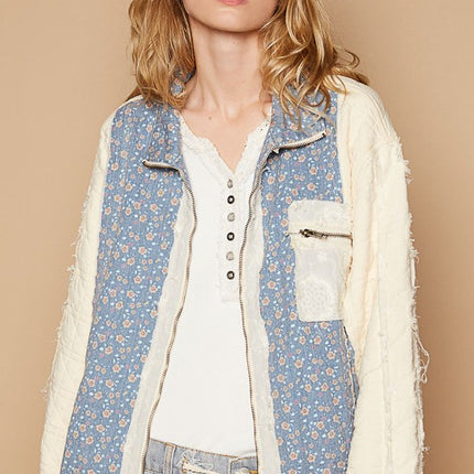 POL Floral Patchwork Zip Up Long Sleeve Jacket