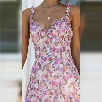 Women Floral Dress Romantic French Strap Dress Sexy Backless Short Dress Sleeveless Summer Holiday Sweet mini Dresses