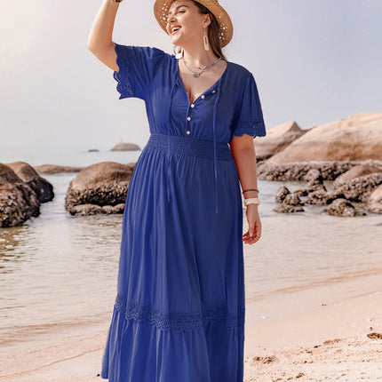 Plus Size Lace Detail Tie Neck Short Sleeve Maxi Dress