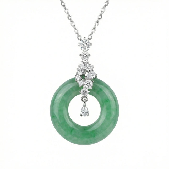 925 Sterling Silver Elegant Green Jadeite Pi Disc Pendant Necklace with Dazzling Diamond Accents - JewelryODM
