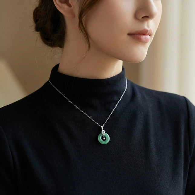 925 Sterling Silver Elegant Green Jadeite Pi Disc Pendant Necklace with Dazzling Diamond Accents - JewelryODM