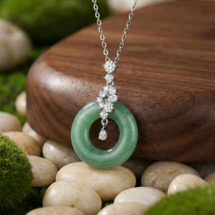 925 Sterling Silver Elegant Green Jadeite Pi Disc Pendant Necklace with Dazzling Diamond Accents - JewelryODM