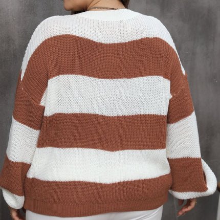 Plus Size Striped Round Neck Long Sleeve Sweater