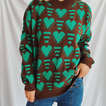 Heart Contrast Long Sleeve Dropped Shoulder Sweater