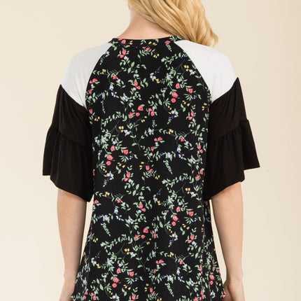 Celeste Full Size Floral Contrast Bell Sleeve Top