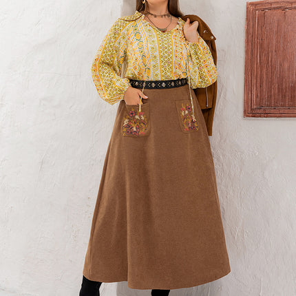 Plus Size Embroidered Pocketed High Waist Skirt