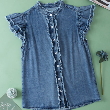 Raw Hem Button Up Cap Sleeve Denim Top