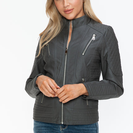 Snobbish Faux Leather Zip Up Mock Neck Jacket