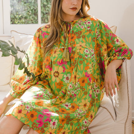 ODDI Full Size Floral Tied Neck Mini Dress