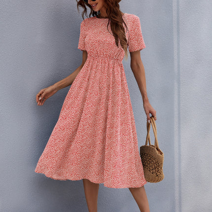 Printed Round Neck Short Sleeve Midi Dress