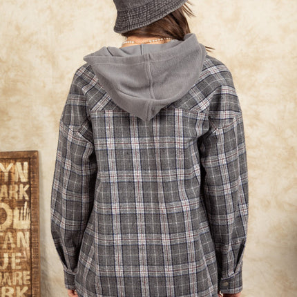 Drawstring Plaid Long Sleeve Hooded Jacket