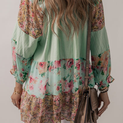 Floral Frill Trim Buttoned Notched Tiered Blouse