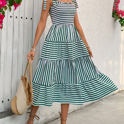 Smocked Striped Square Neck Midi Dress