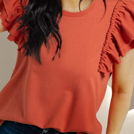 Ruffled Round Neck Cap Sleeve Blouse