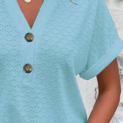 Eyelet Notched Short Sleeve Blouse