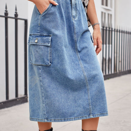 Slit Buttoned Denim Skirt with Pockets