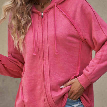 Exposed Seam Zip Up Long Sleeve Drawstring Hoodie