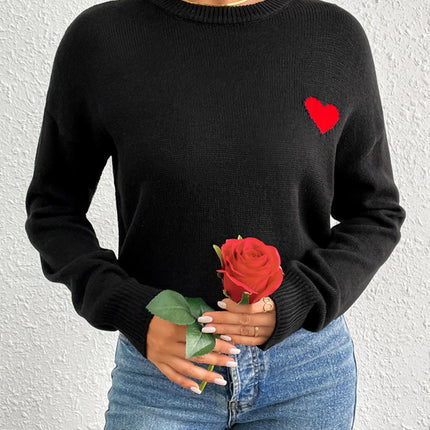 Heart Round Neck Long Sleeve Sweater