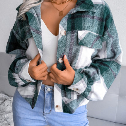 Plaid Collared Neck Long Sleeve Jacket