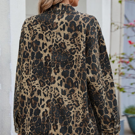 Leopard Button Up Drop Shoulder Denim Jacket