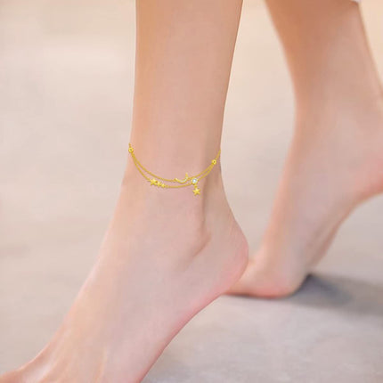 14K Gold Star & Moon Charm Ankle Anklet with Tassels - 8+2 Inches