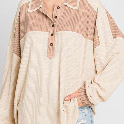 Waffle-Knit Color Block Half Button Long Sleeve Top