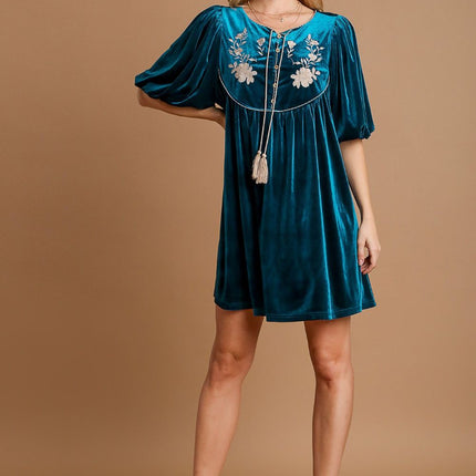 Umgee Embroidered Half Sleeve Velvet Mini Dress with Tassel