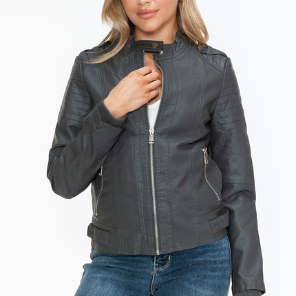 Snobbish PU Leather Biker Jacket with Side Zip Pockets