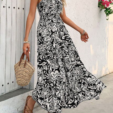 Backless Smocked Printed Sleeveless Midi Dress