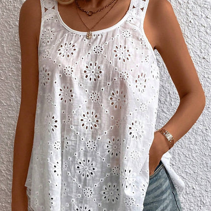 Eyelet Round Neck Wide Strap Tank