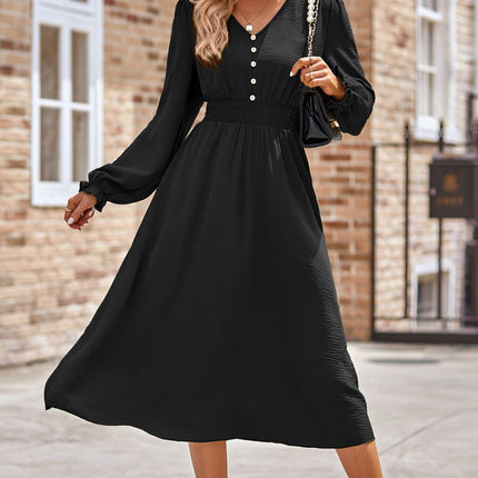 Smocked V-Neck Flounce Sleeve Midi Dress