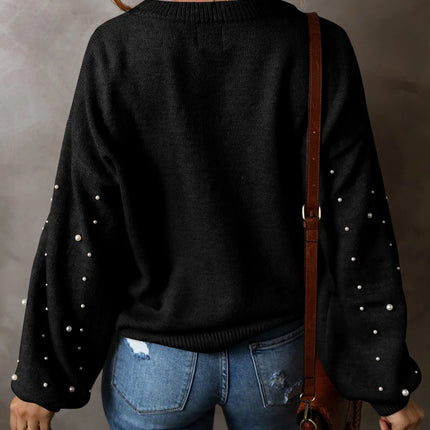 Pearl Detail Round Neck Long Sleeve Sweater