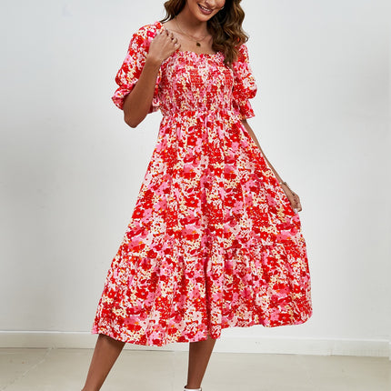 Smocked Floral Square Neck Short Sleeve Dress