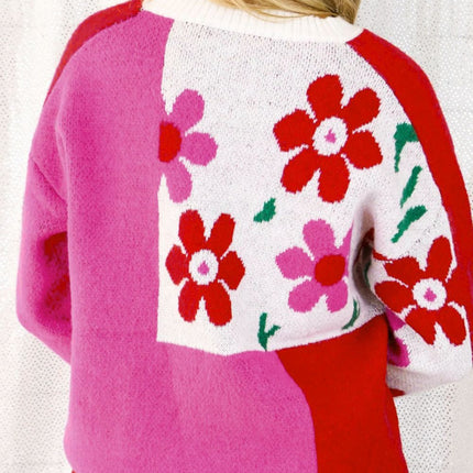 Flower Color Block Round Neck Sweater