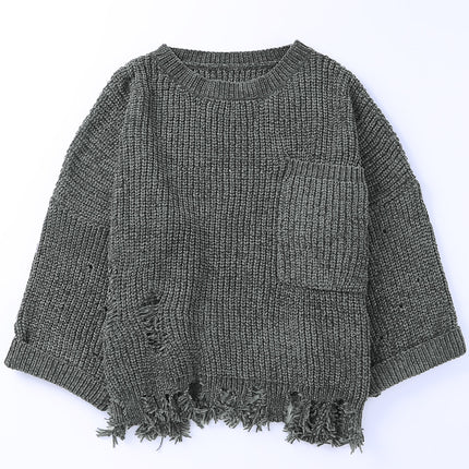 Distressed Round Neck Drop Shoulder Sweater