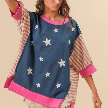 BiBi US Flag Theme Color Block Star Patch T-Shirt