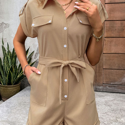 Collared Neck Tie Waist Romper with Pockets