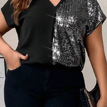 Plus Size Sequin Notched Short Sleeve T-Shirt