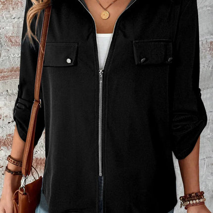 Pocketed Zip Up Collared Neck Long Sleeve Jacket