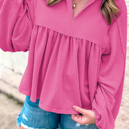 Corded Johnny Collar Long Sleeve Babydoll Blouse