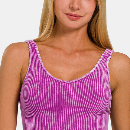 Zenana Washed Ribbed Cropped V-Neck Tank