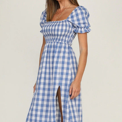 Full Size Slit Plaid Short Sleeve Midi Dress