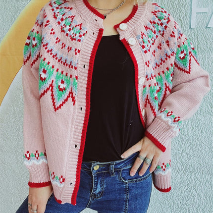 Contrast Geometric Round Neck Long Sleeve Cardigan