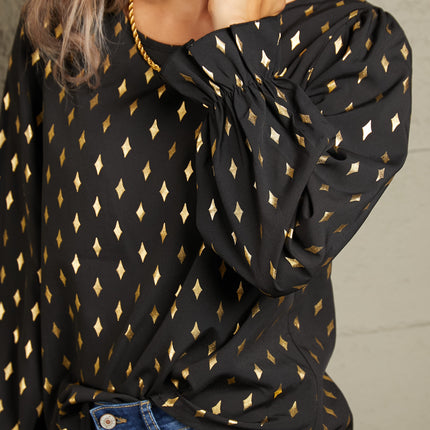 Double Take Printed Round Neck Flounce Sleeve Blouse