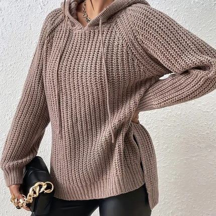 High-Low Side Slit Drawstring Long Sleeve Hooded Sweater